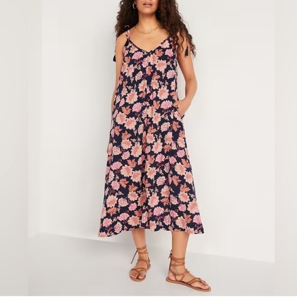 Old-Navy Tie-Shoulder Floral Print All Day Midi Swing Dress Size Small Casual